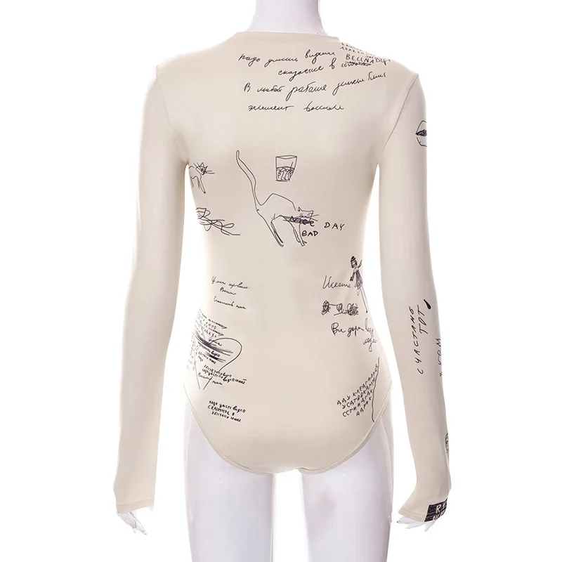 Bodycon Sexy Bodysuit Lingerie Letters Printing Crop Tops Women Y2k Clothes Long Sleeve One-pieces Body Feminino Skinny Bustier
