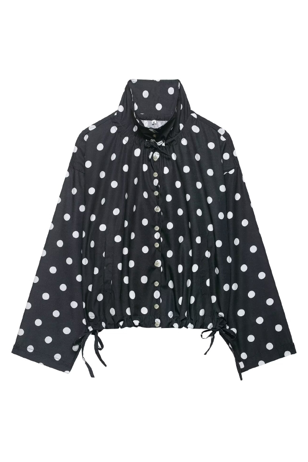 Polka Dot Print Loose Stand Collar Button Bow Tie Casual Long-sleeved Jacket