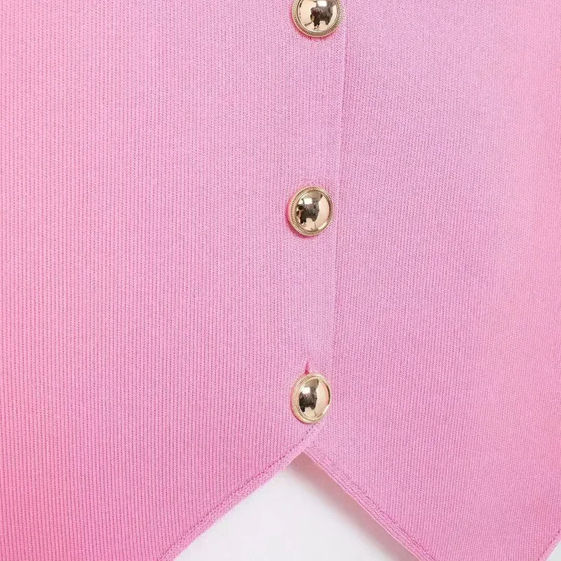 Elegant Knit Short Vest for Women V Neck Single Breasted Sleeveless Waistcoat Pink Top Female New Lady Classic Streetwear