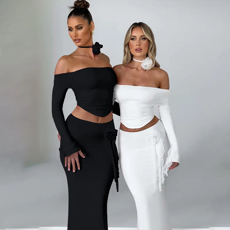 Winter New Sexy Long Sleeved Half Skirt Set For Woman 3D Flower Slim Tight Long Skirt Party Evening Dress Two Piece Set