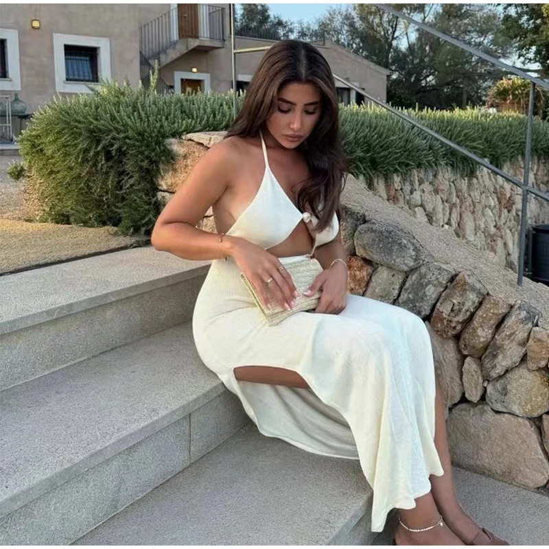 Women Knit Halter Maxi Dress Backless Lace Up V Neck Cutout Bodycon Long Dresses 2025 Summer Vacation Party Holiday Robes New