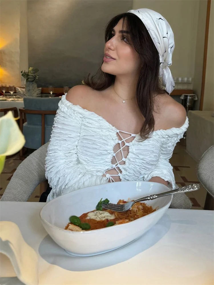 Autumn Fashion Ruffled T-shirt Cropped Top Female Hollow Out Lace-Up Patchwork Loose Outwear White Women Bandage Tee Coat