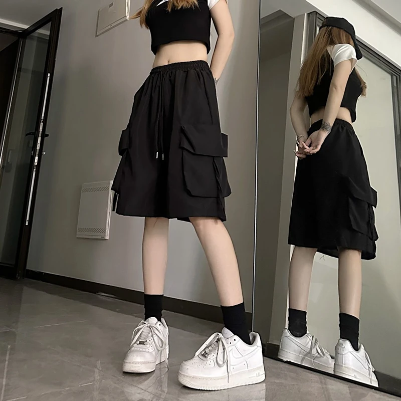 S-3Xl Y2K Cargo Shorts Women Harajuku Black Oversized Wide Leg Shorts Summer Streetwear Fashion High Waist Baggy Short Pants New