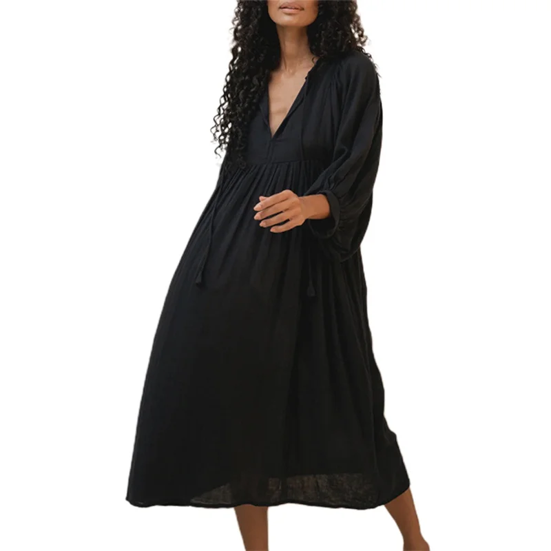 Beach Party Dress Women Summer Solid Color Round Neck Tie Front Puff 3/4 Sleeve Loose Midi Dress Vacation Dresses