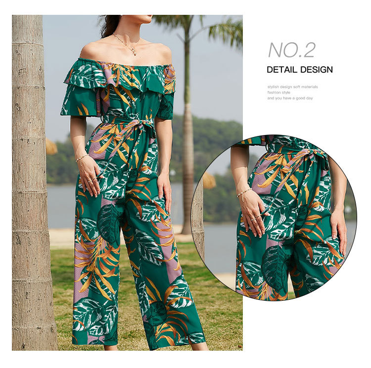 Women Clothing Fashion off-Shoulder Floral Jumpsuit Summer Short Sleeve Chiffon Vacation Beach Jumpsuit
