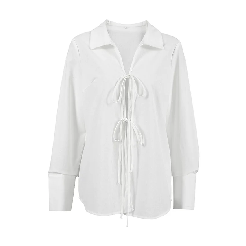 Women's Long Sleeve Shirt Hollow Lace Up Solid Color Casual Fashion Top Commuting Patchwork Women's Shirt Cardigan Top
