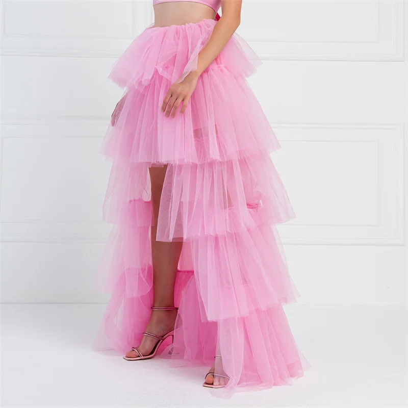 Tulle Skirts Women y2k Solid Color Elastic High Waist Asymmetrical Hem Long Skirts Summer Evening Party Skirt Clubwear