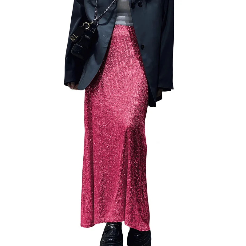 Sequin Long Skirts for Women Solid Color Elastic High Waist Skirt Fashion Elegant Ladies Evening Party Skirt Clubwear