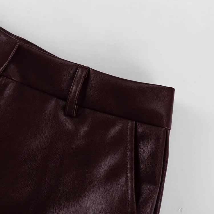 Vintage PU 2 Piece-Set Trousers Female Lace-Up Pocket Fashion Outwear Streetwear Autumn Patchwork Women's Pants Sets