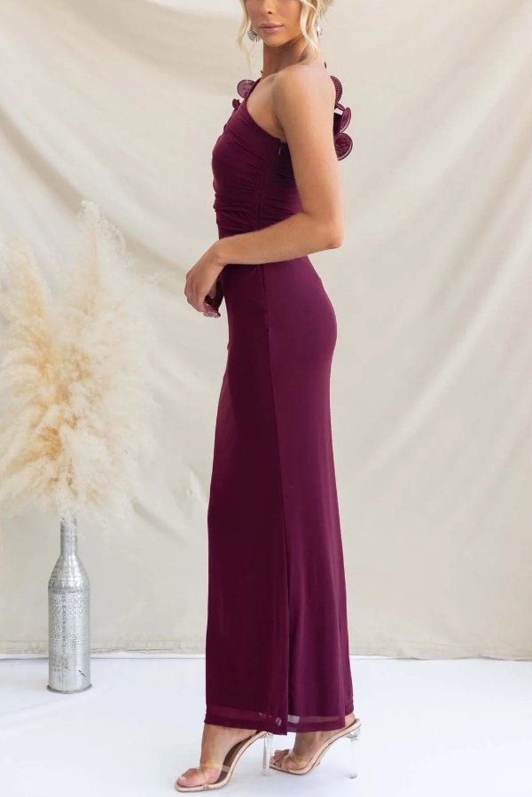 Fashionable Mesh Sleeveless One-shoulder Waist-revealing Maxi Dress