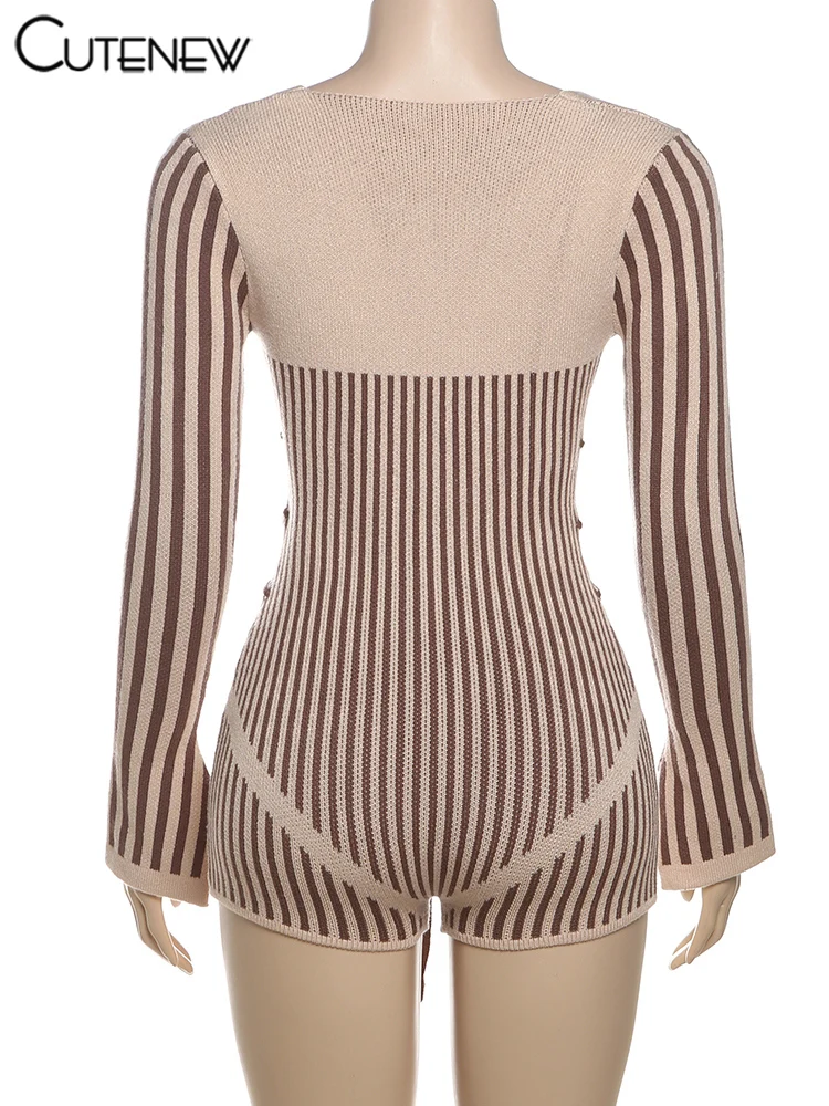 Stripe Knit Women Playsuits Classic Fashion Full Sleeve Low V-neck Bandage Slim Rompers Crochet Women Mujer Attirewear