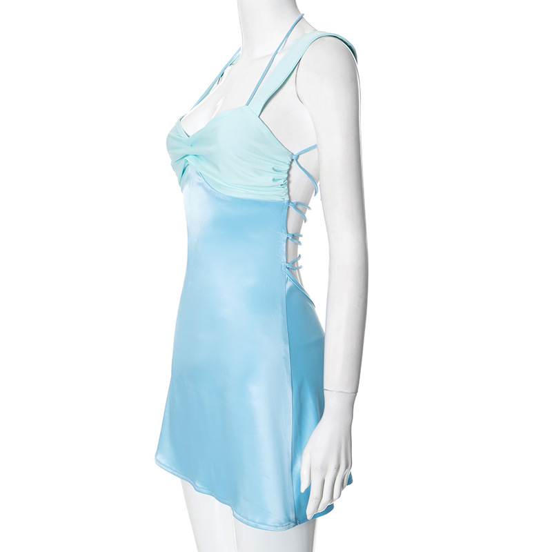 Splicing sleeveless sexy mini women's long robe satin strapless backless lace up high waisted A-line party dress