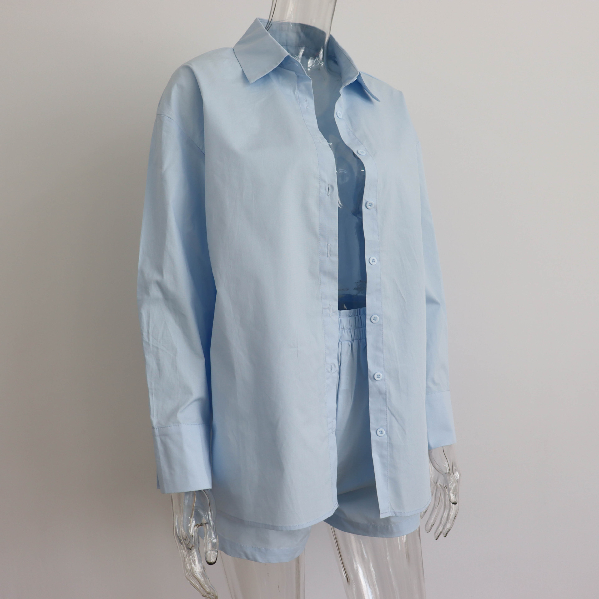 Spring Summer Two Piece Set Solid Color Single Breasted Long Sleeve Collared Shirt Shorts Loose Casual Set