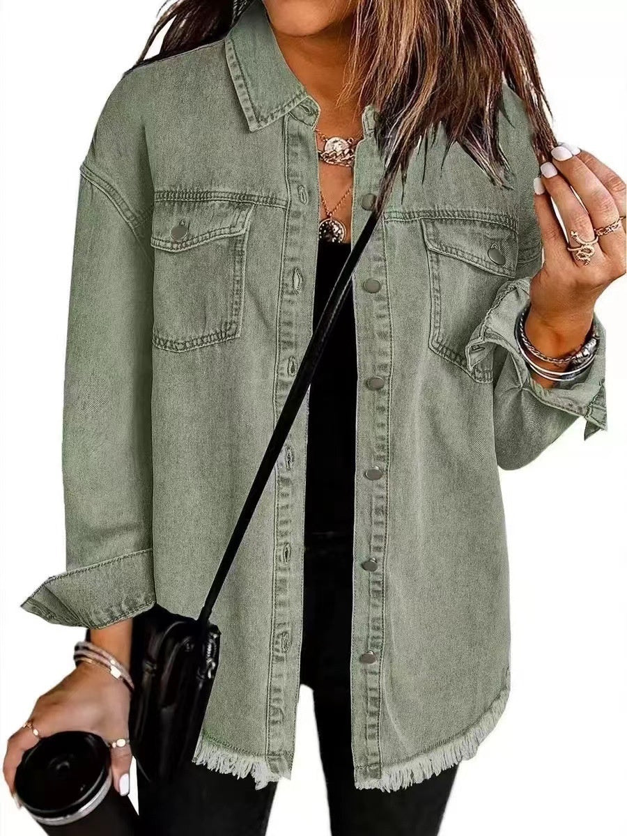Denim Jacket With Frayed Pockets And Button Details