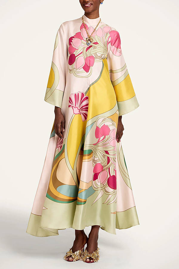 Darla Satin Colorful Baroque Style Printed Tie-up Neck Bell Sleeve Maxi Dress