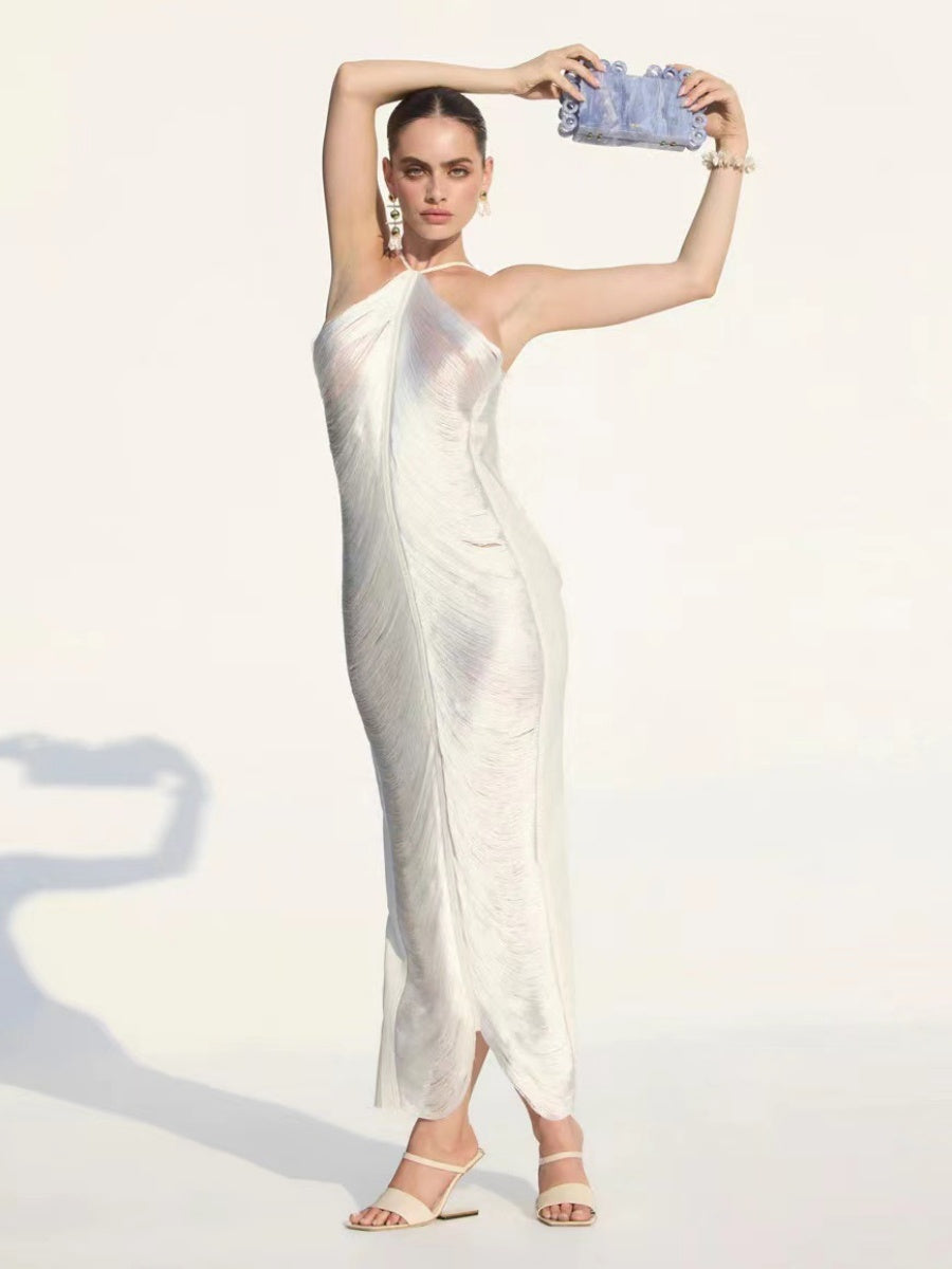Tassel Back Slit Halter Neck Parties Maxi Dresses