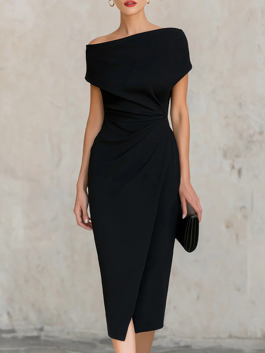 Off-the-shoulder, Fitted Waist, Pleated, Slit Midi Dress