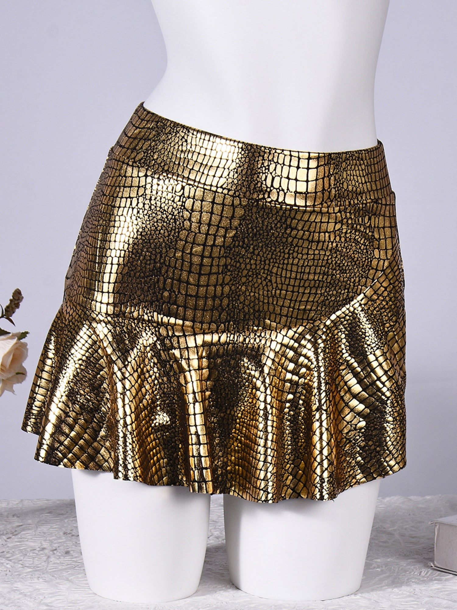 PU Leather Crocodile Pattern Stretch Short Skirt
