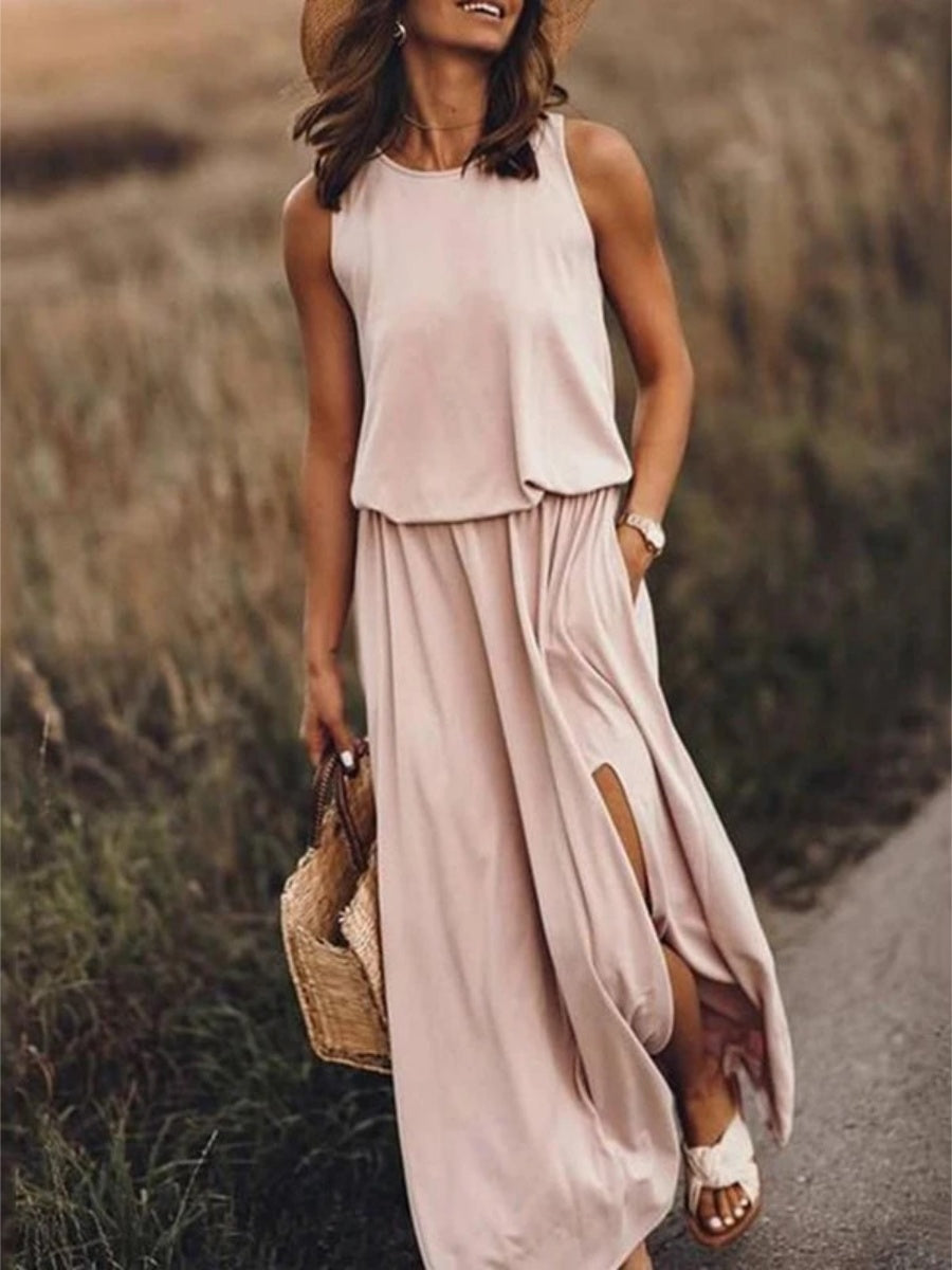 Round Neck Sleeveless Slit Long Dress