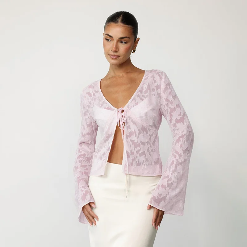 Lace Printed See-Through T-shirt Cardigan Top Female Lace-Up Patchwork Sexy Cropped Y2k Top Tee Women's Bandage Top