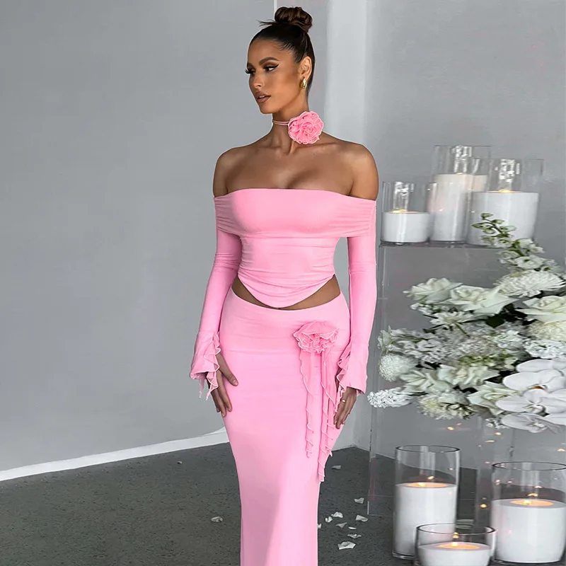 Winter New Sexy Long Sleeved Half Skirt Set For Woman 3D Flower Slim Tight Long Skirt Party Evening Dress Two Piece Set