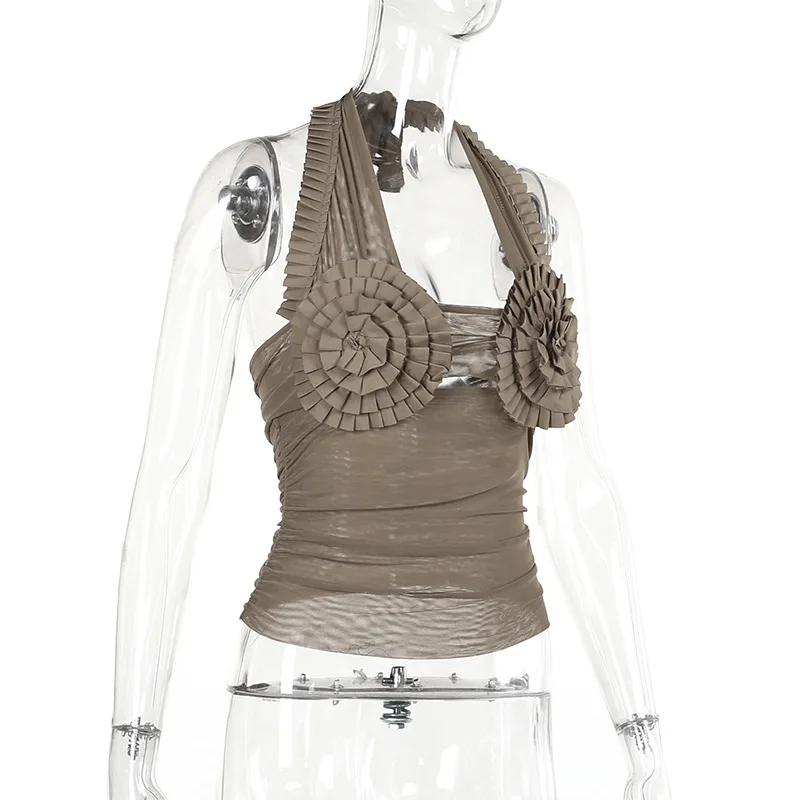 Folds Sunflower Tank Top Women Mesh Bodycon Sleeveless Slim Crop Tops Ladies Club Party Sexy Backless Bandage Vest Woman