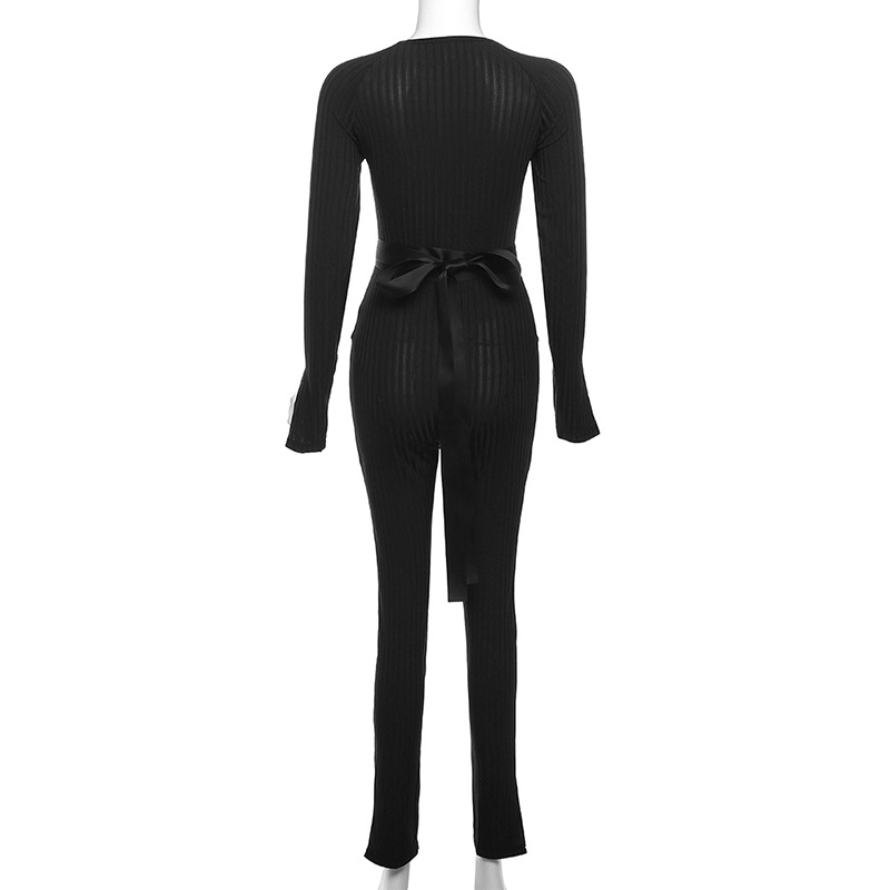 Fall Women Clothing Sexy Thread Tied High Waist Trousers Casual Tight Jumpsuit