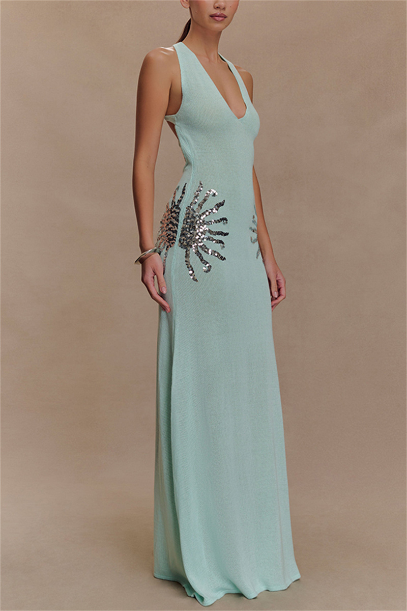 Sparkling Nights Knit Sunburst Sequin Detail Back Cross Straps Stretch Maxi Dress
