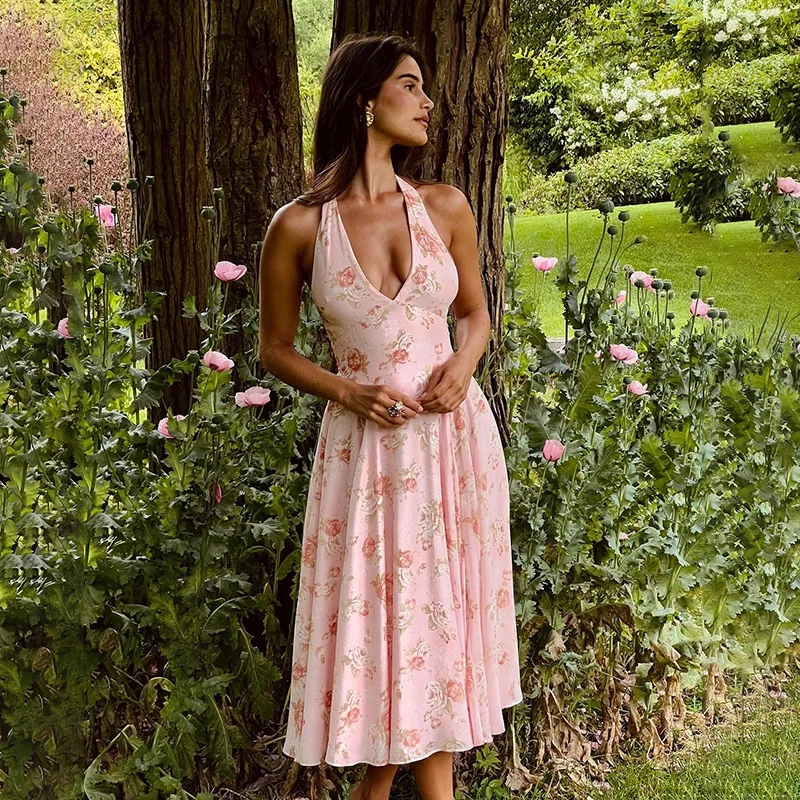 Sexy Print Deep V-neck Sleeveless Backless Neck-mounted Dress Women Slim High Waist Birthday Party Dress Femme Outfits