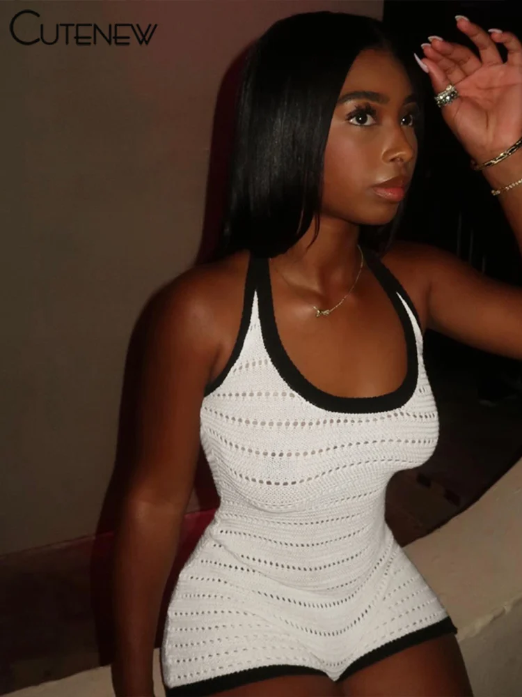 Casual Women Playsuits Basic Summer Panelled Sleeveless U-neck Stretch Holes Sheer Slim Rompers Female Concise One Piece