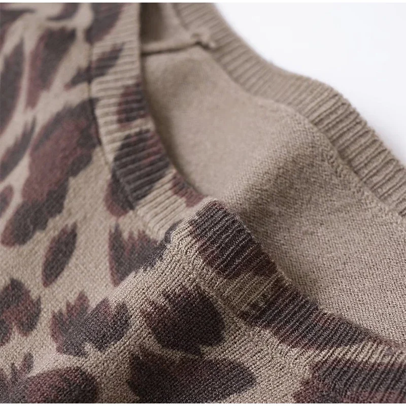 Leopard Knit Pullover Women Casual Loose Round Neck Long Sleeves Sweater Tops 2025 Spring Summer Fashion Lady Y2K Streetwear