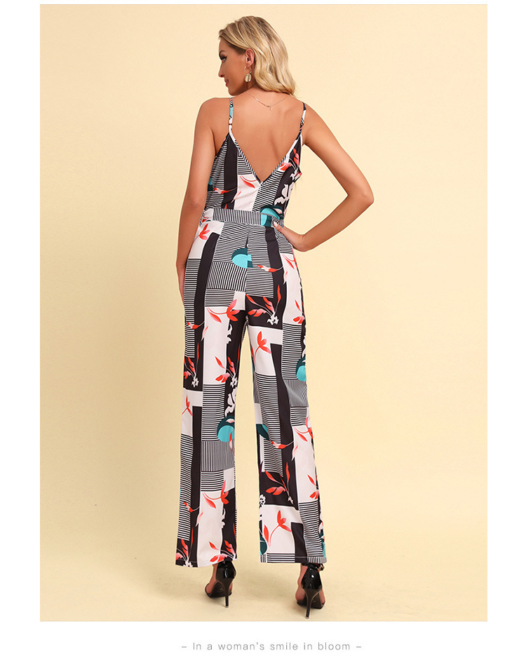 Jumpsuit Women Spring Summer Print Sexy Backless Deep V Plunge Neck Strap Lace Up Jumpsuit