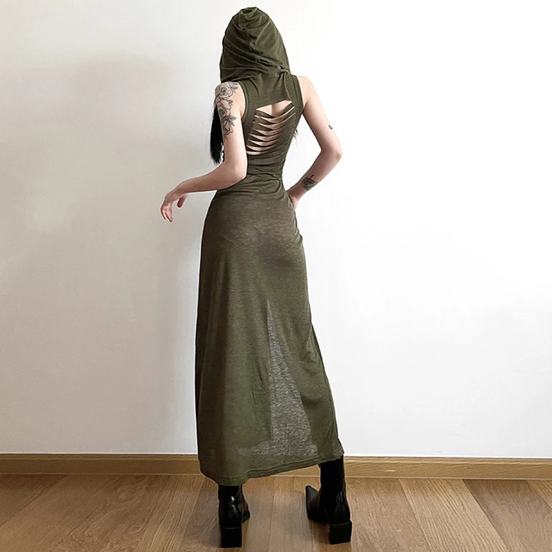 Grunge Dress y2k Women Clothes Solid Color Sleeveless Hollow Out Back Slit Hooded Dress 2000s Halloween Party Dresses