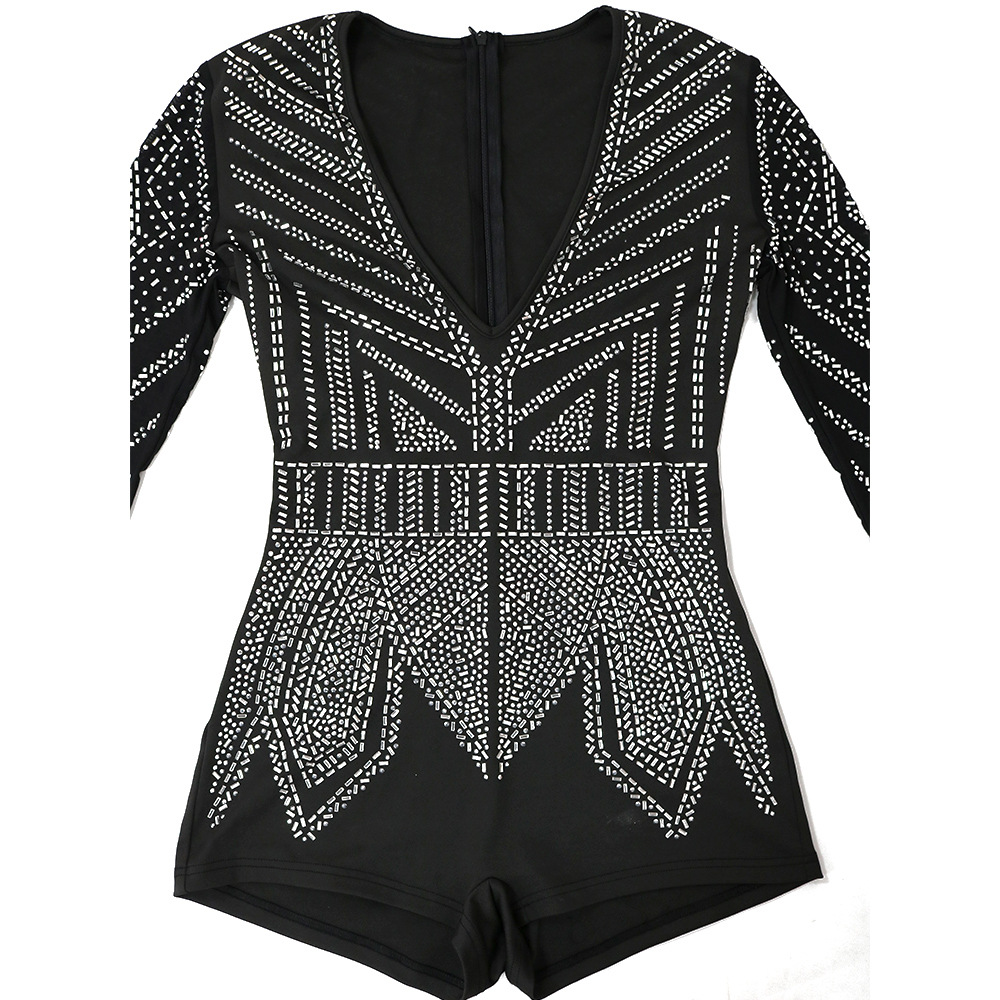Sexy Deep V Plunge-neck See-through Polyester Mesh Long Sleeve Stitching Straight Slim Fit Bodysuit Women Clothing
