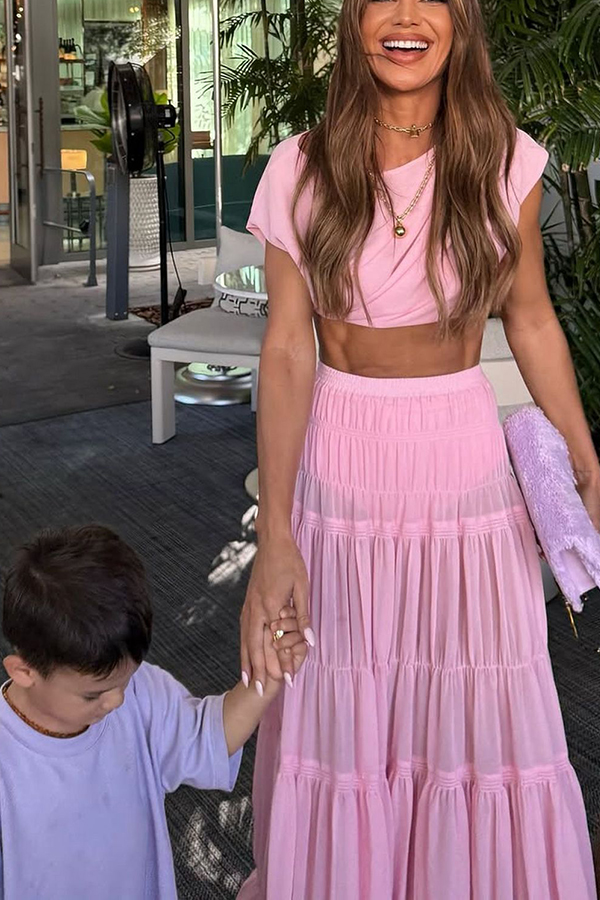 Stunning Chiffon Ruched Shoulder Short Sleeve Crop Top