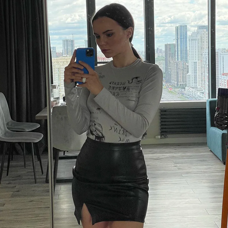Bodycon Sexy Bodysuit Lingerie Letters Printing Crop Tops Women Y2k Clothes Long Sleeve One-pieces Body Feminino Skinny Bustier