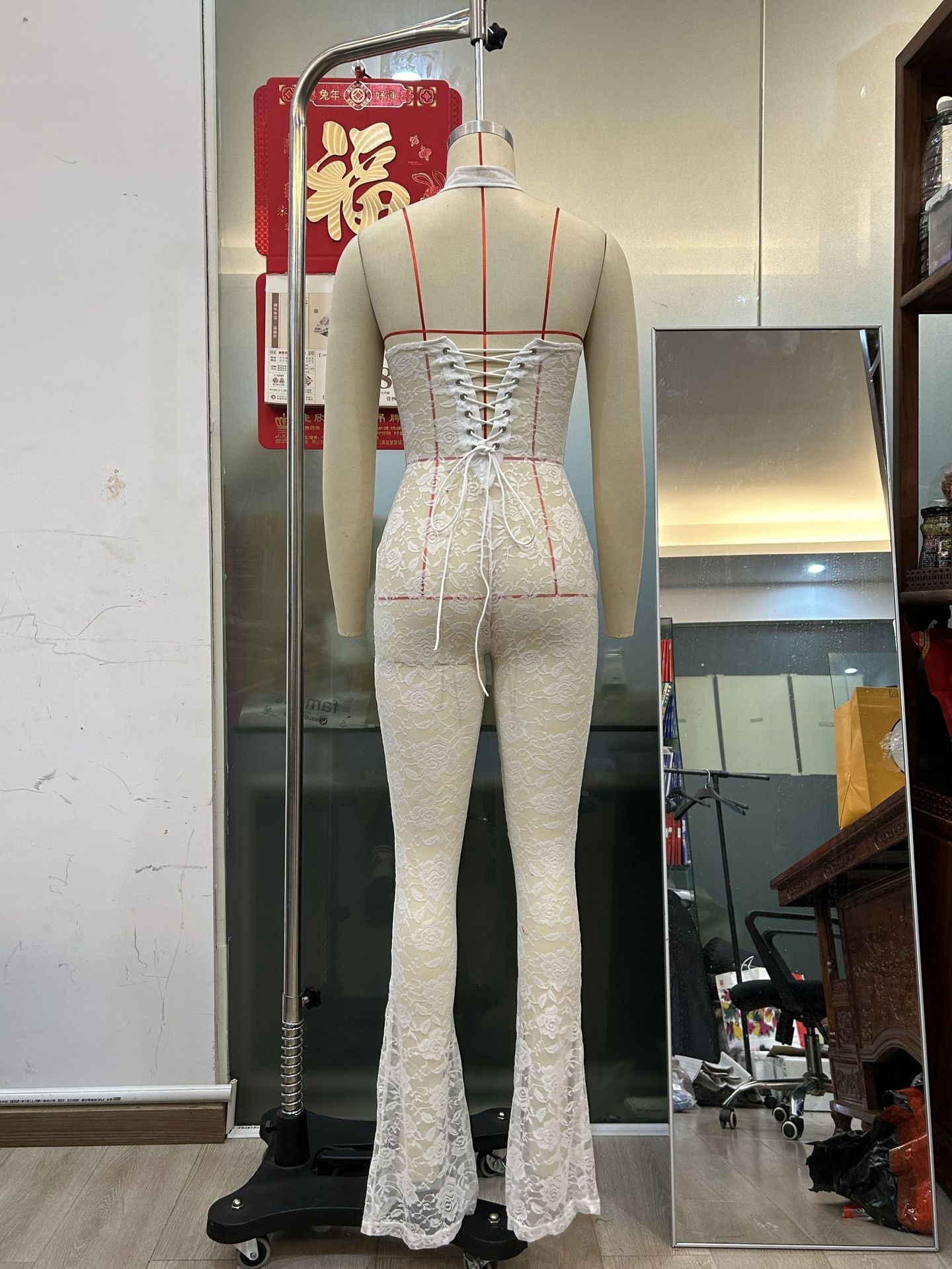 Sexy Lash Rope Lace up Slim Fit Jumpsuit See through Lace Trousers