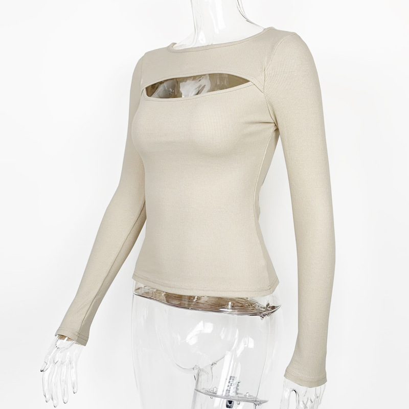 Women Clothing Autumn Winter Chest Hollow-out Long-Sleeved Top Sexy Stretch Rib T-shirt for Women