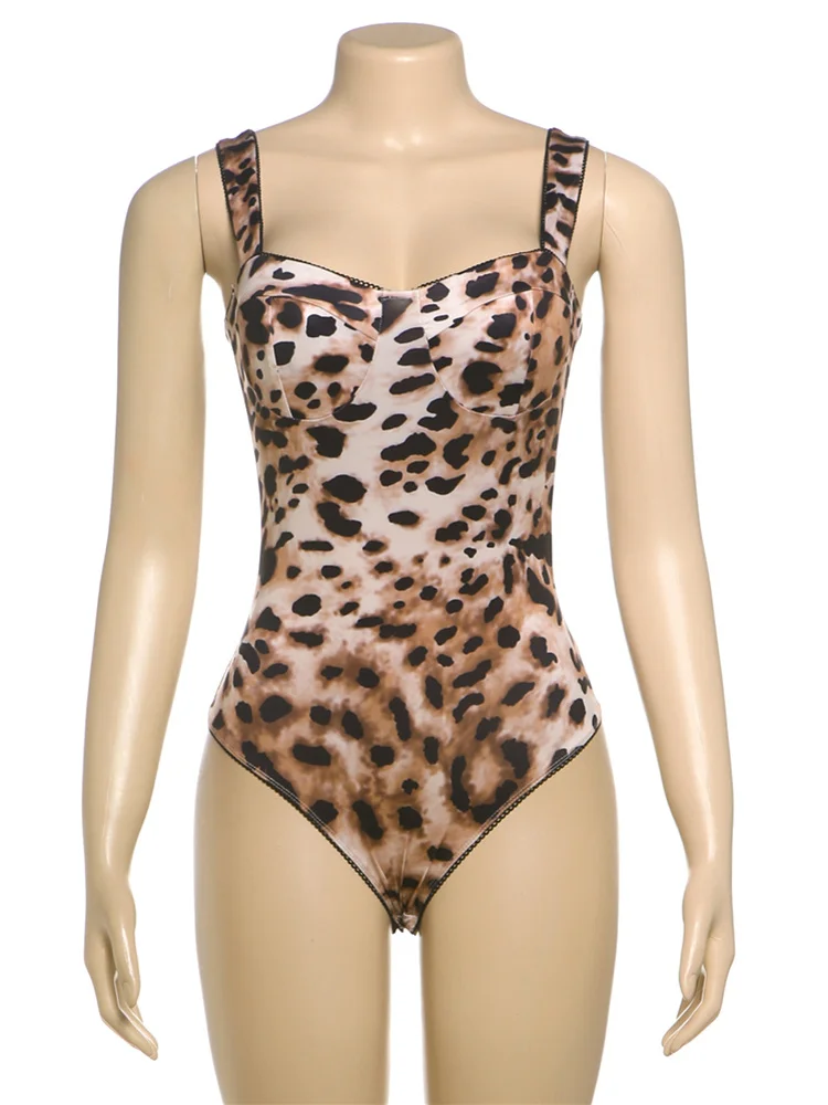 Autumn Hipster Women Bodysuits Sexy Leopard Sleeveless Square neck Body-shaping Tops Female Trend Night Street One Piece