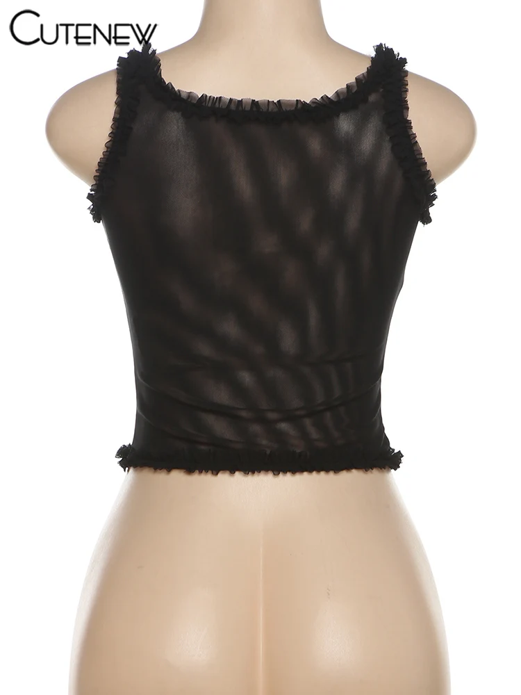 Ruched Women Vests Solid Mesh Thin Simple Sheer U-neck Slim Crop Tanks Female Classic Basic Matching Go Out Streetwear