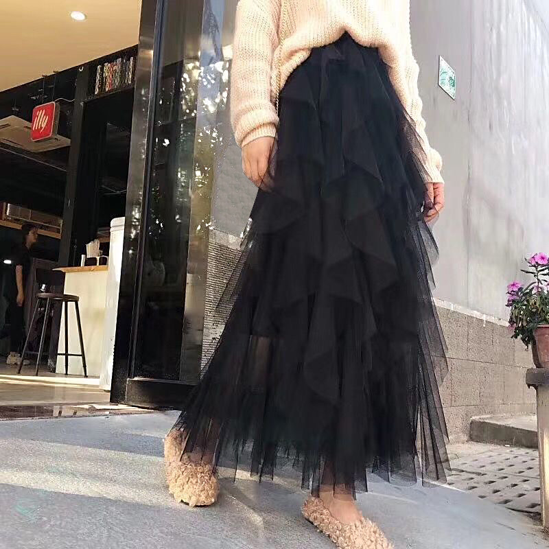 Autumn Winter Vintage Layered Tulle Skirt Women Elastic High Waist Mesh Skirts Long Pleated Tutu Skirt Jupe Longue