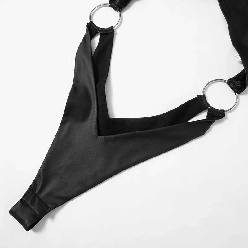 PU Sexy Bodysuit Lingerie Black Top Women Rave Outfit Short Sleeve Body Feminino Hollow Out One-Pieces Lenceria Bodys Sexy Mujer