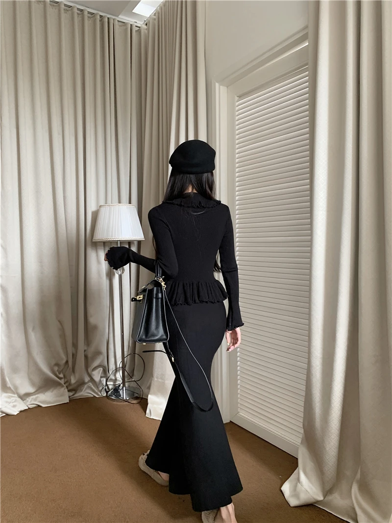 Autumn Winter Knitted 2-Piece Sets Women Ruffles Tops Bodycon Fishtail Skirt Slim Solid Knitwear Outfits Korean Fashion Suit