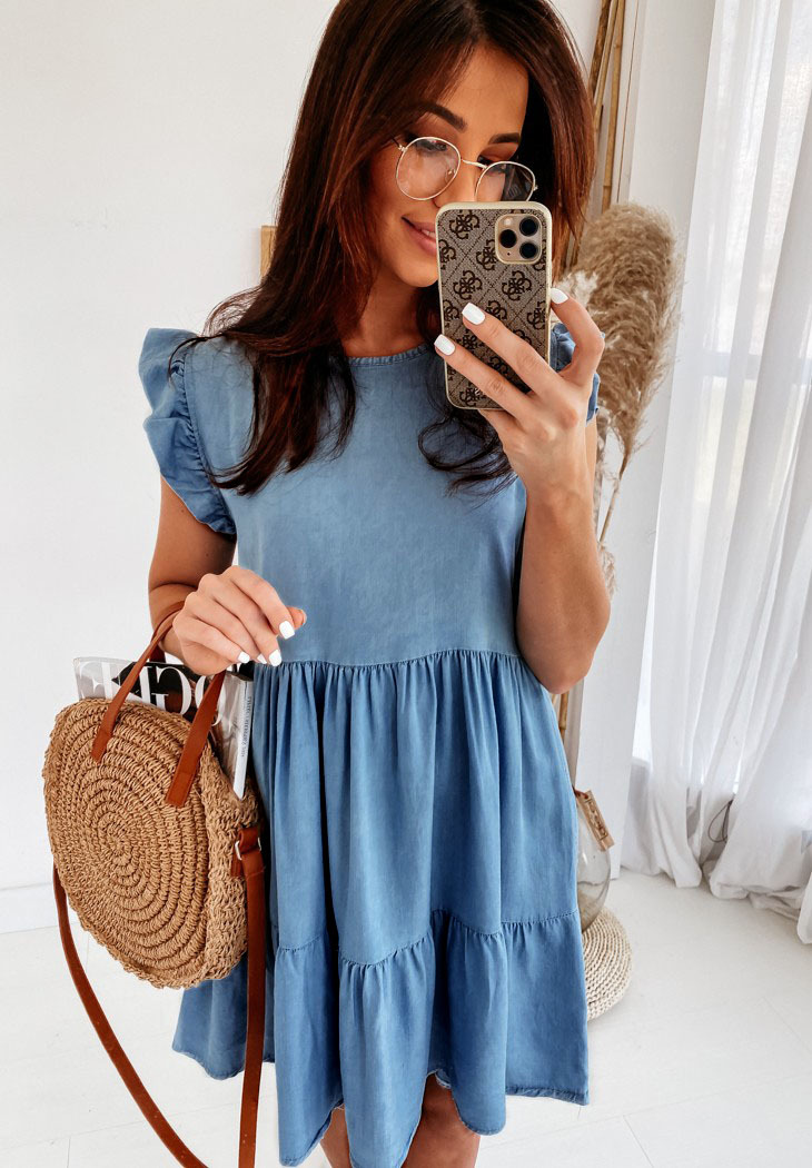 Spring Summer Loose Cake Mold Short-Sleeved Denim Dress Women round Neck