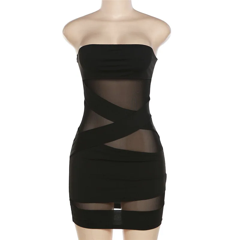 Slash Neck Black Vestidos De Mujer Mini Y2k Clothes Sexi Night Dress Hot Club Outfits Mesh See Through Bodycon Dress For Women