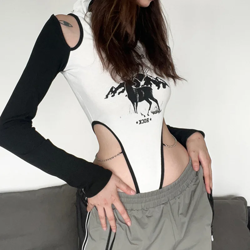 Print Bodysuit Off Shoulder Hooded Corset Tops Women Festival Clothing Lingerie Sexy One-Pieces Rave Outfit Chain Body Feminino