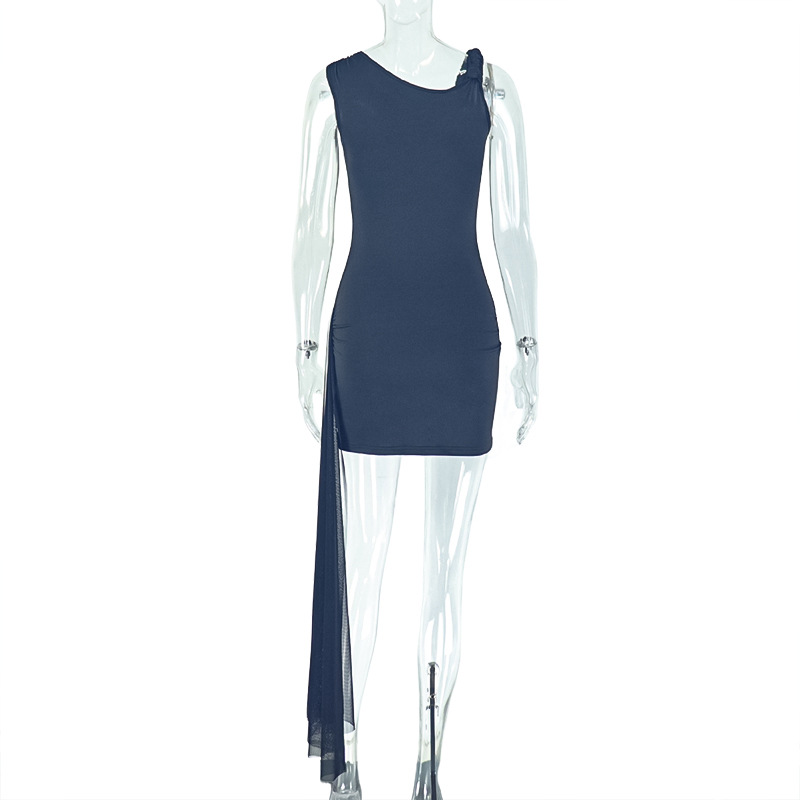 Solid Color Elegant Women Clothing Personality Fashionable Asymmetric Bag Hip Dress Oblique Shoulder Slim Fit Short Dress