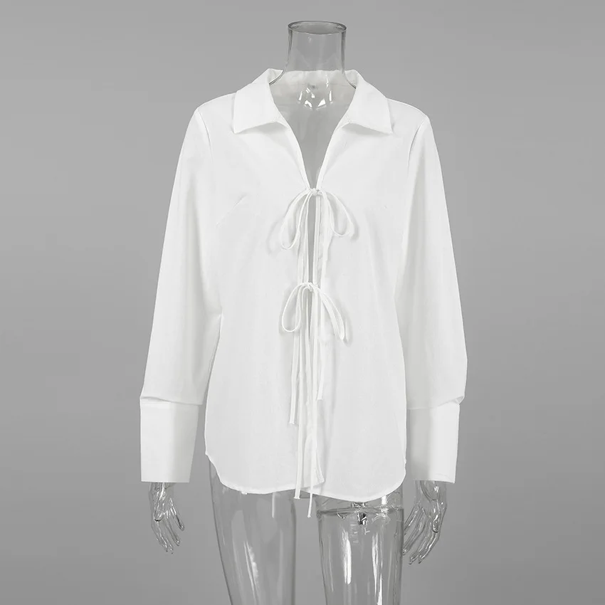 Women's Long Sleeve Shirt Hollow Lace Up Solid Color Casual Fashion Top Commuting Patchwork Women's Shirt Cardigan Top