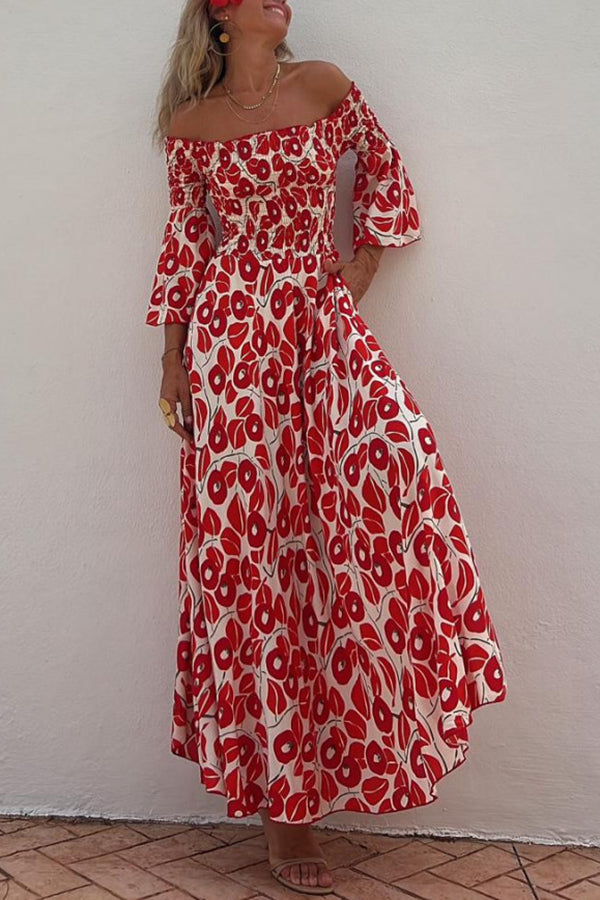 Vacation style fashionable floral print pleated one shoulder design pocket long dress