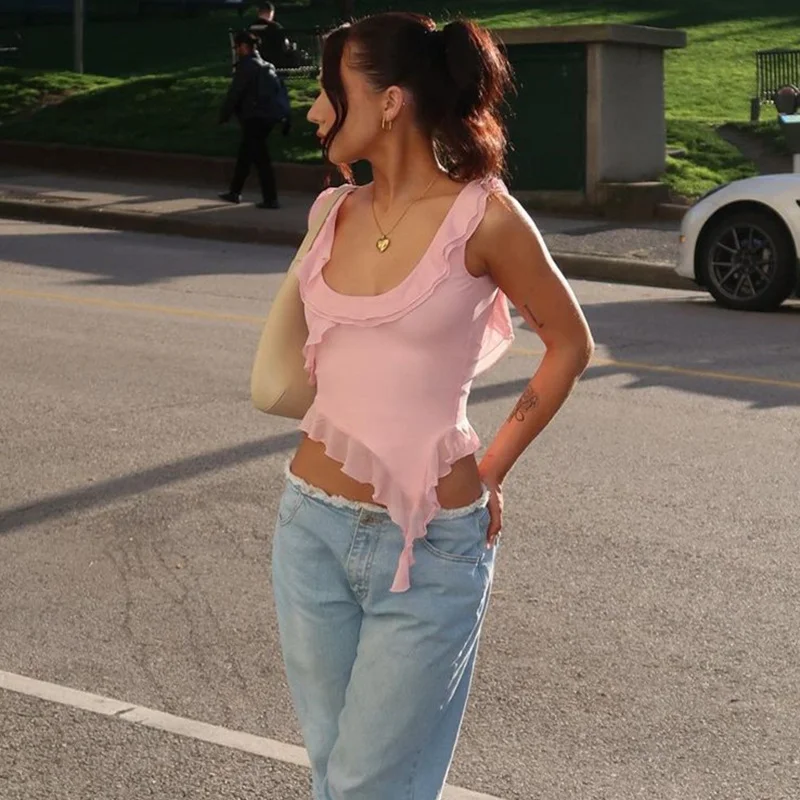 Casual Backless Ruffled Y2k Top Vest Patchwork Strapless High Street Top Fashion Cute Solid Scoop Neck Tank Top Pullover